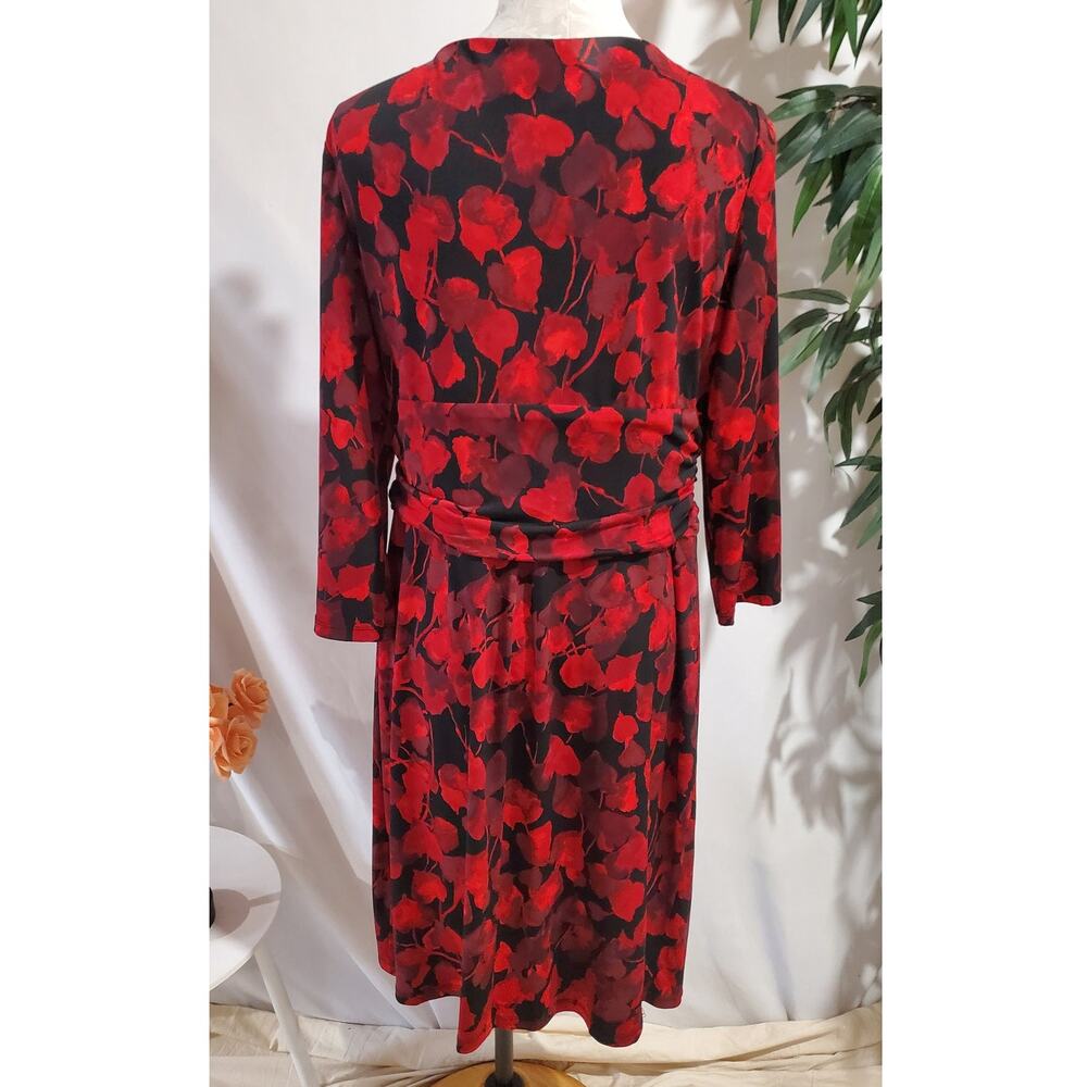 Chaps x Ralph Lauren Crossover Drape 3/4 Sleeve Faux Wrap Dress Sz XL Red Black - Picture 3 of 13